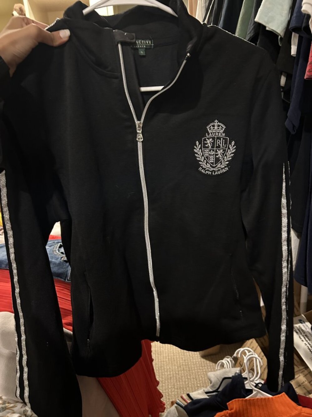 Lauren Ralph Lauren Black Silver Stripe Crest Track Jacket XL - Picture 1 of 4